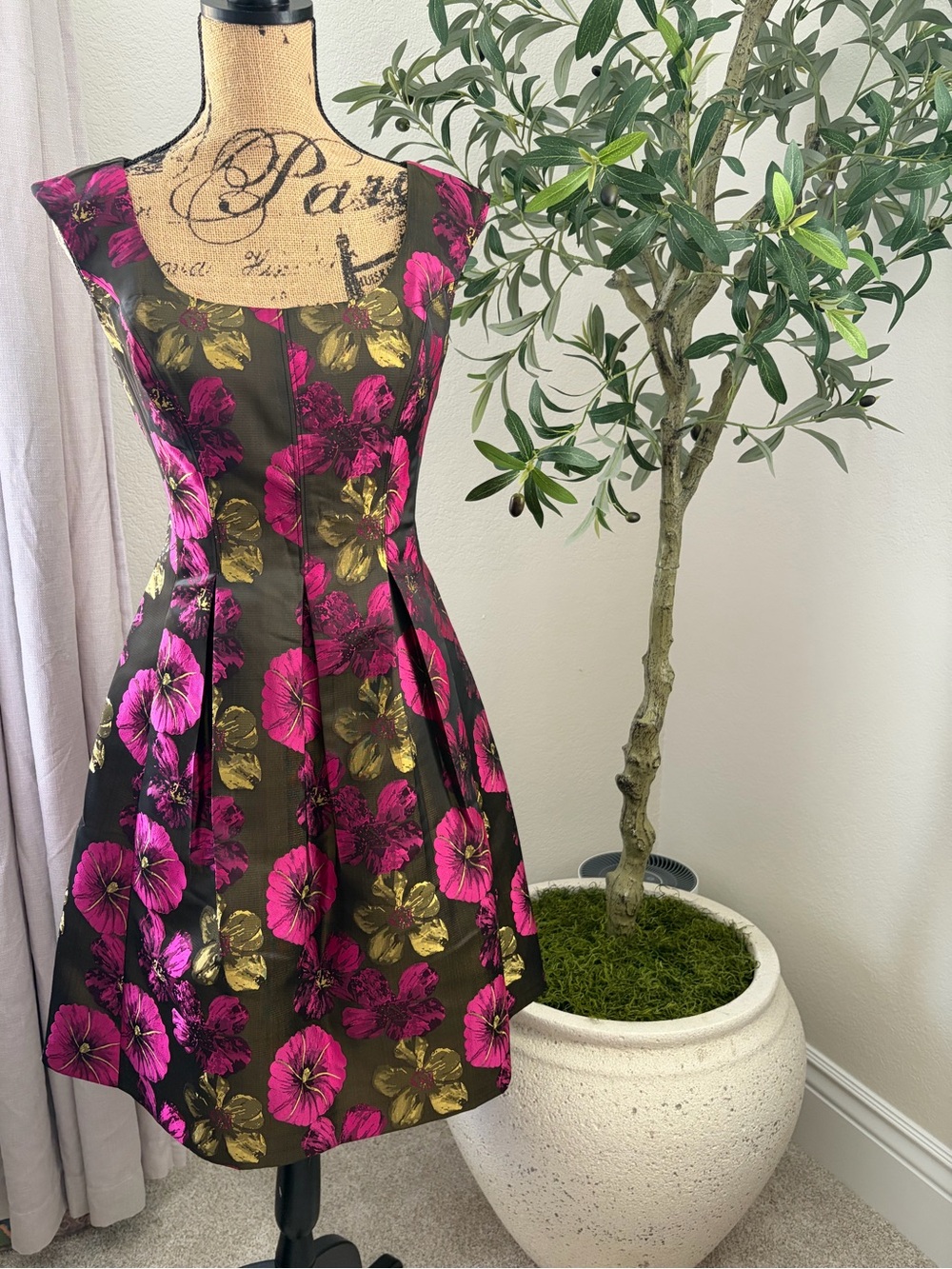 Nine West Black Midi Dress with Fuchsia & Gold Floral Print